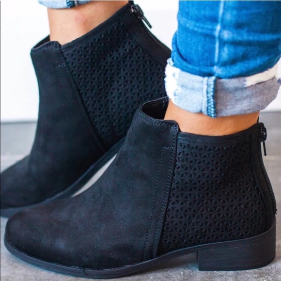 BAMBOO Shoes - Black ankle booties, geometric cutout detail